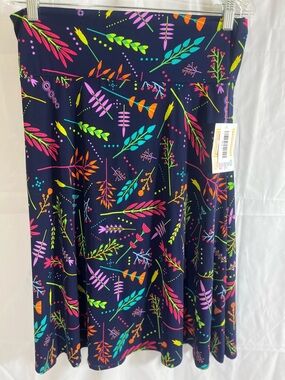 LuLaRoe Navy Midi Skirt with Neon Floral Print